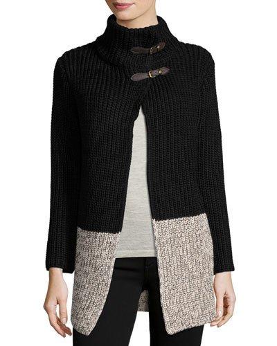 Ribbed Knit Cardigan With Buckle Collar, Navy