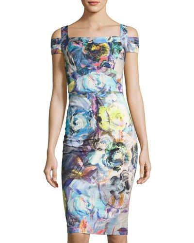 Cold-shoulder Floral-print Seamed Dress, Blue Pattern