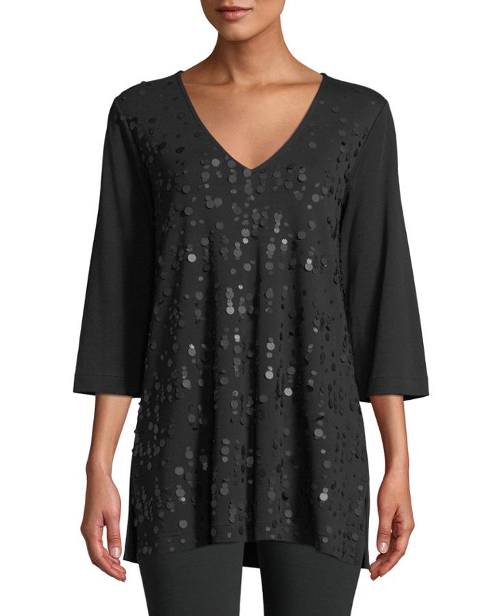 V-neck 3/4-sleeve Sequined-front Cotton Interlock Tunic