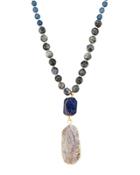 Long Beaded Stone Pendant Necklace, Blue
