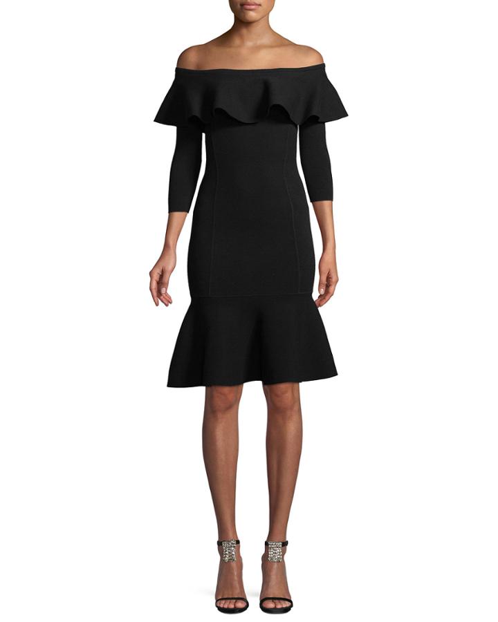 Rumba Off-the-shoulder Ruffle Body-con Knee-length Dress