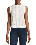 Sleeveless Plaid-lace Top, White/nude