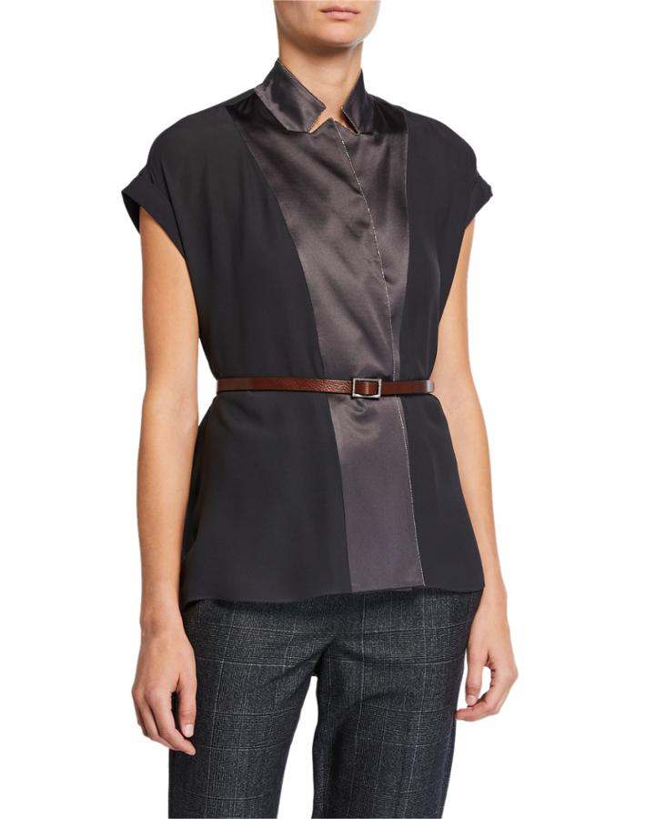 Monili Trim Silk Top With Belt