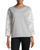Floral-lace Sleeve Pullover Top, Gray
