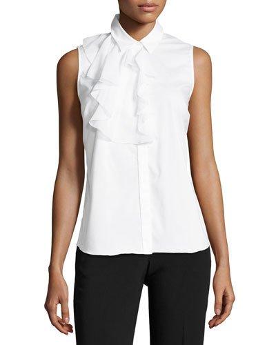 Sleeveless Ruffle-bib Poplin Blouse, White