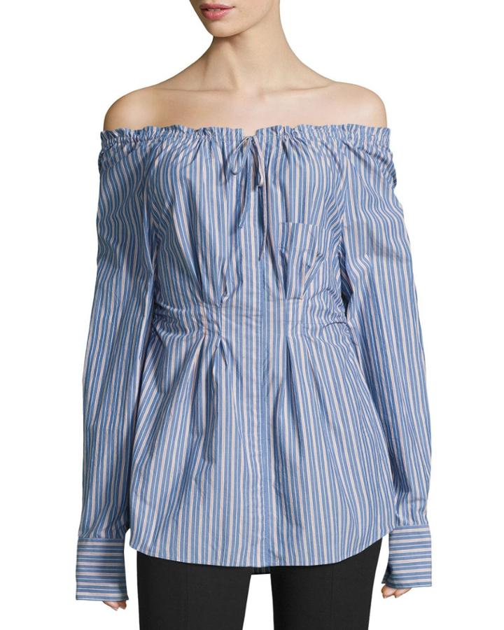 Garcon Off-the-shoulder Striped Shirred Poplin Top