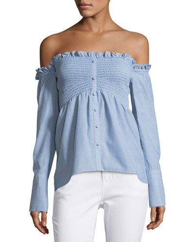 Smocked Long-sleeve Cold-shoulder Top