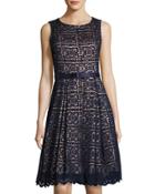 Fit-and-flare Belted Lace Dress, Navy