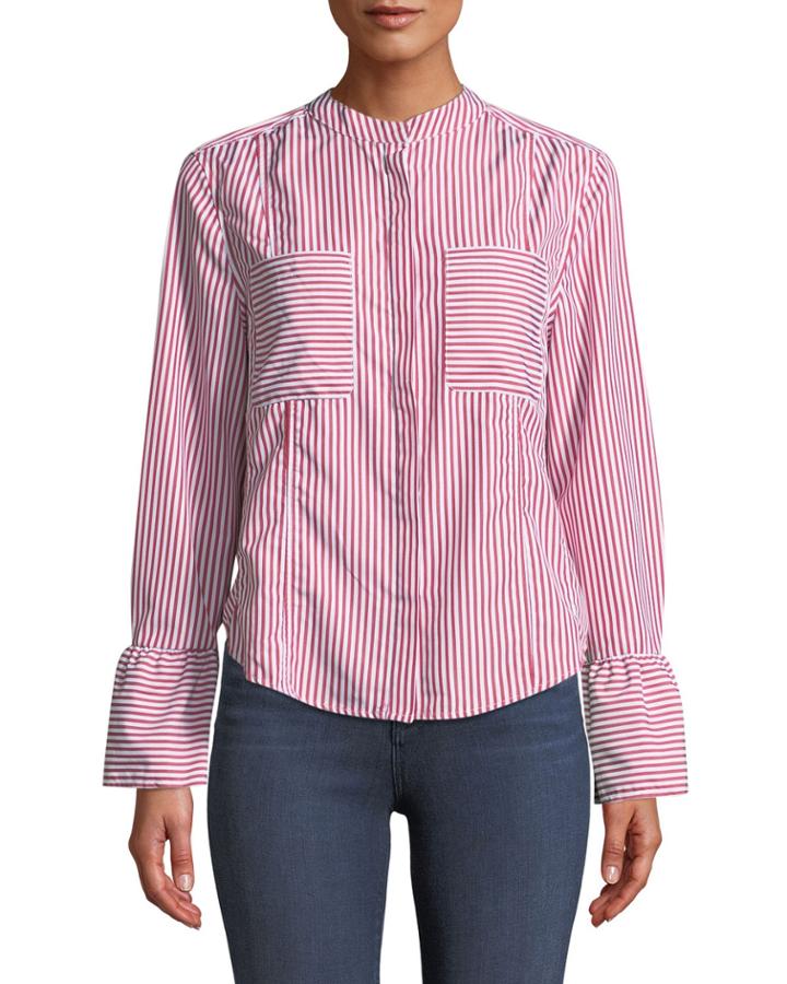 Striped Bell-cuff Button-front Blouse