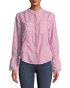 Striped Bell-cuff Button-front Blouse