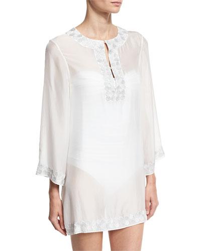 Embroidered Bell-sleeve Silk Chiffon Tunic, White