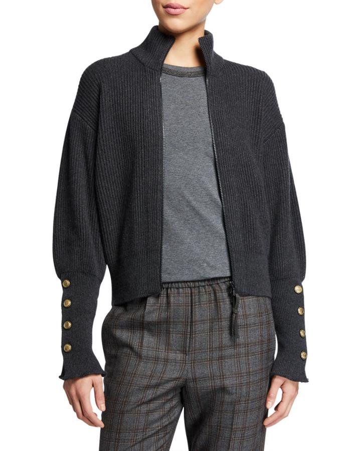 Mock-neck Zip-front Ribbed Cashmere Jacket W/ Brass Buttons On Cuff