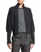 Mock-neck Zip-front Ribbed Cashmere Jacket W/ Brass Buttons On Cuff