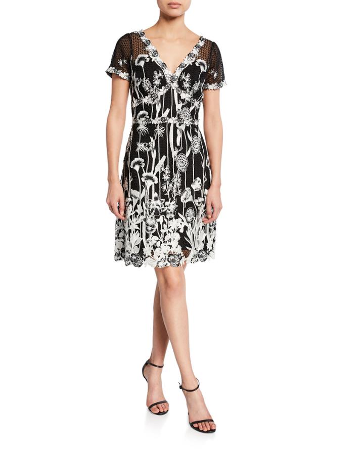 V-neck Cap-sleeve Embroidered Guipure