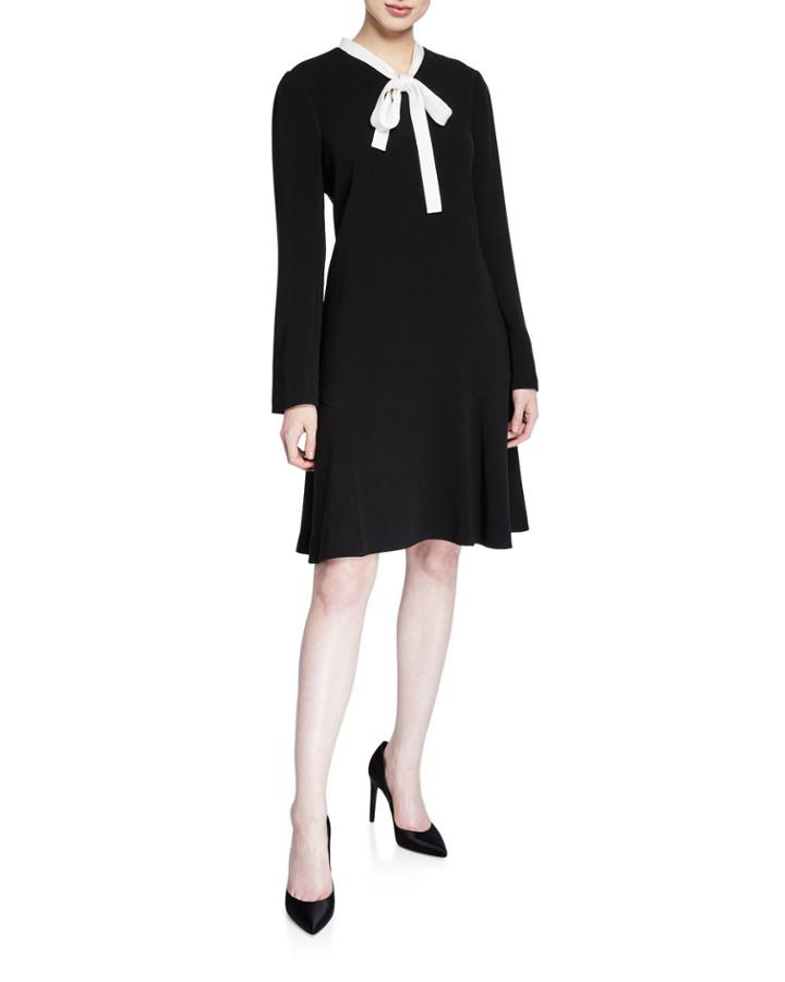 Tie-neck Long-sleeve Crepe Dress With Pearly Trim