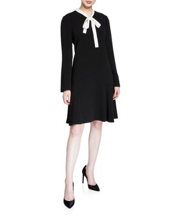 Tie-neck Long-sleeve Crepe Dress With Pearly Trim