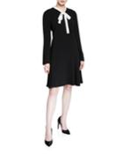 Tie-neck Long-sleeve Crepe Dress With Pearly Trim