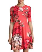 Floral-print Scuba Fit & Flare Dress, Red Pattern