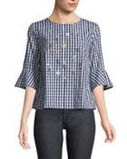 3/4 Flounce-sleeve Embroidered Gingham Blouse