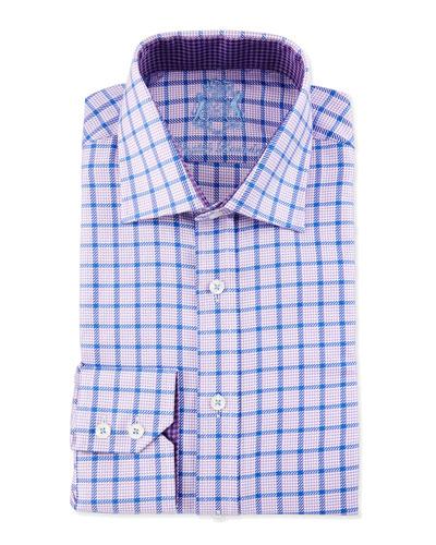 Windowpane-check Long-sleeve Dress Shirt, Purple/blue