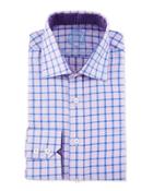 Windowpane-check Long-sleeve Dress Shirt, Purple/blue