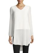 Chiffon-overlay V-neck Tunic, Off White