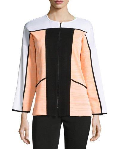 Colorblocked Knit Jacket, White/black/apricot
