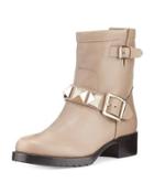 Rockstud Leather Moto Bootie, Natural