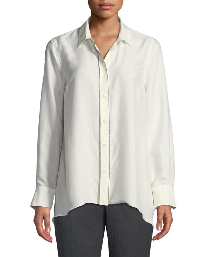 Monili Beaded Button-front Fluid-silk Blouse