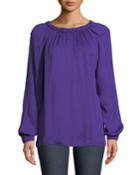 Round-neck Long-sleeve Tieback Ruching Georgette Top