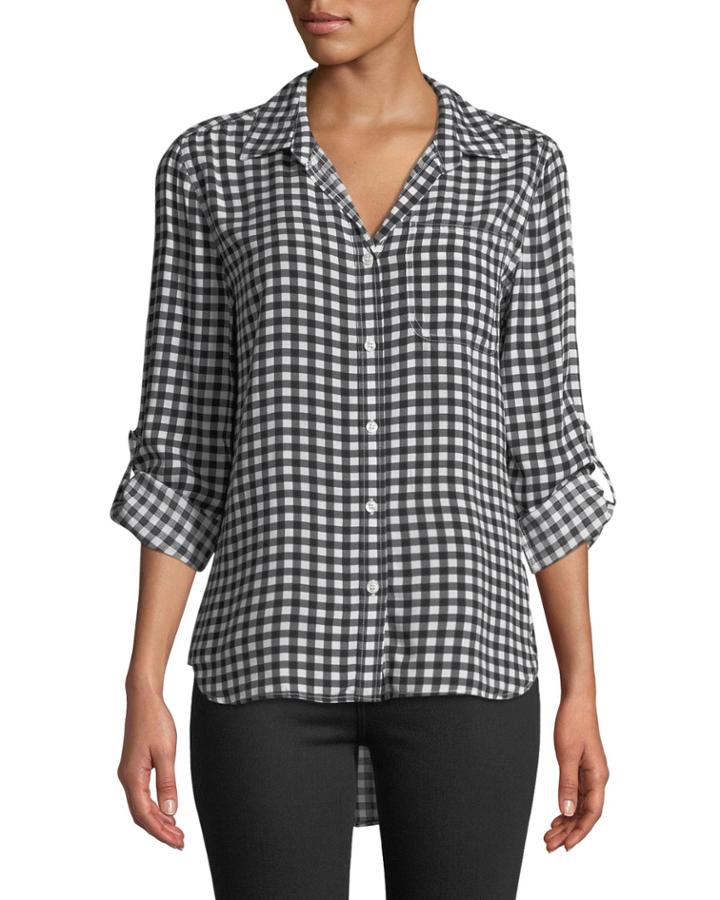 Elisa Gingham Button-front Roll-sleeve Blouse