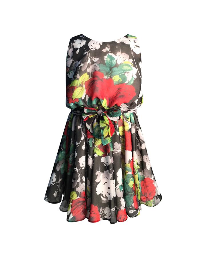 Girl's Rose Print Chiffon Dress,