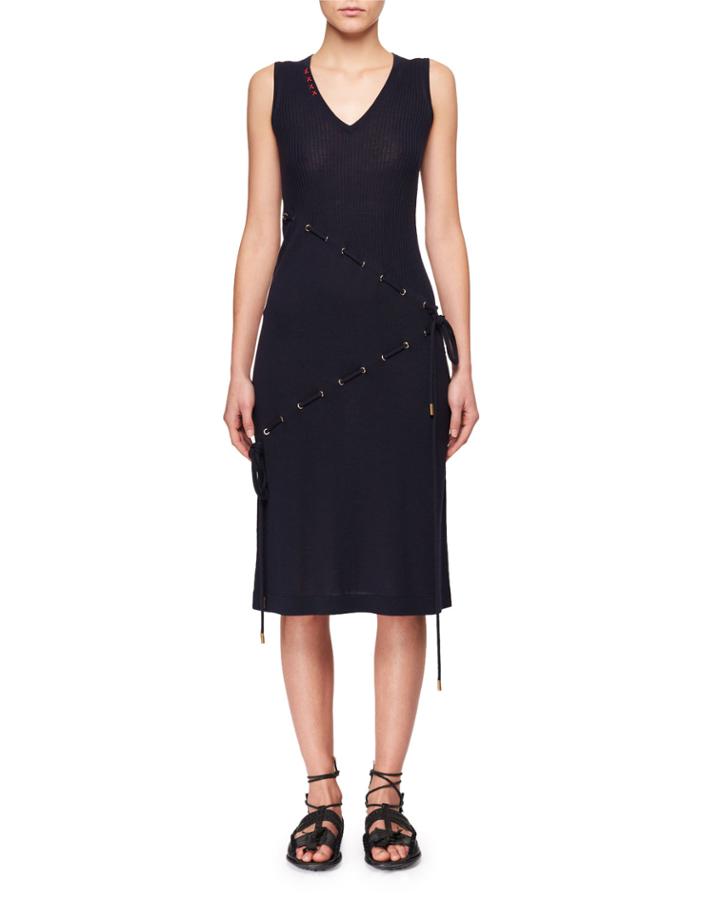 V-neck Sleeveless Cord-knit Dress W/ Asymmetric Drawstrings