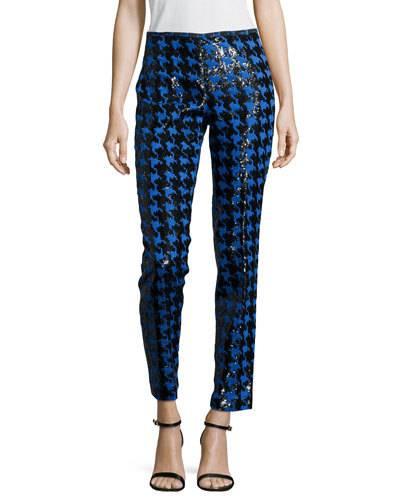 Houndstooth Paillettes Slim Ankle Pants. Black/royal