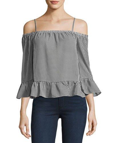 Gingham Cold-shoulder Top, Black/white