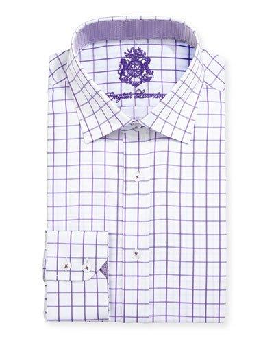 Large Windowpane-check Dress Shirt, Purple/white