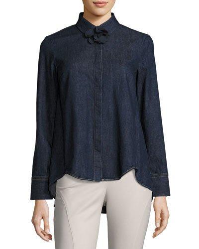 Silk Bloom Denim Blouse, Indigo
