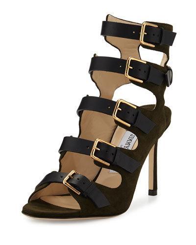 Trick Suede Buckle 85mm Sandal, Army Green/black