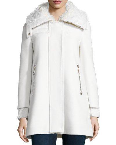 Calipso Wool-blend Coat W/fur Collar, Ivory