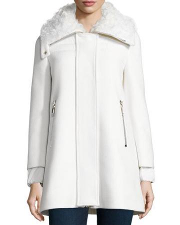 Calipso Wool-blend Coat W/fur Collar, Ivory