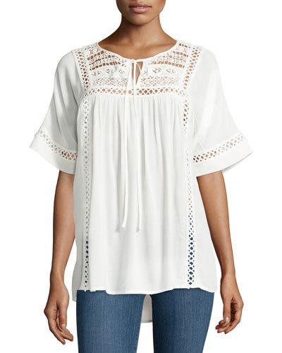 Crochet Short-sleeve Peasant Top, White