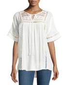 Crochet Short-sleeve Peasant Top, White