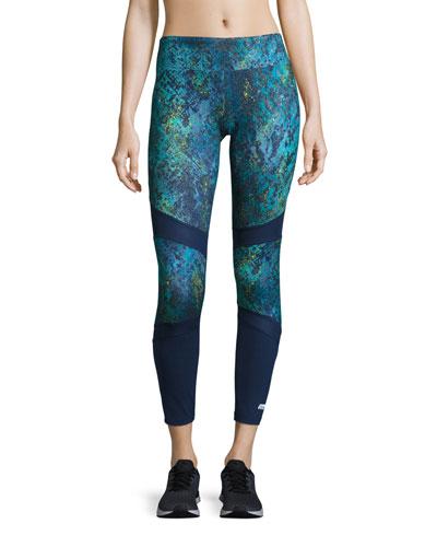 Cobra-print Mesh-panel Leggings, Medieval Blue