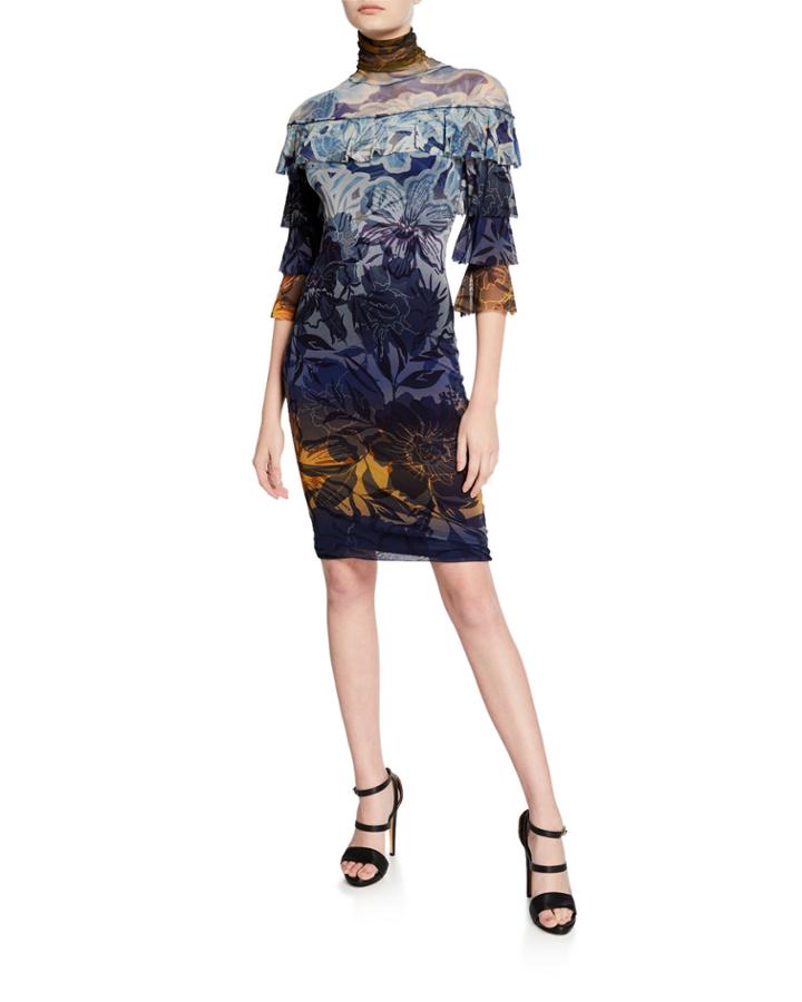 Degrade Floral-print Turtleneck Tiered Ruffle Dress
