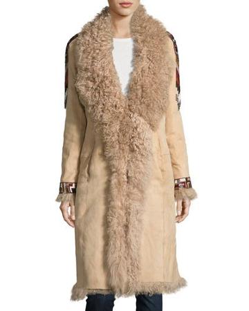 Embroidered Shearling Coat, Buff
