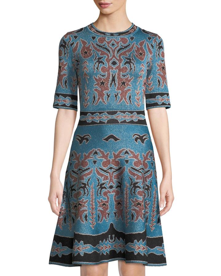 1/2-sleeve Shimmered Intarsia Fit & Flare Dress
