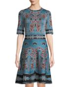 1/2-sleeve Shimmered Intarsia Fit & Flare Dress