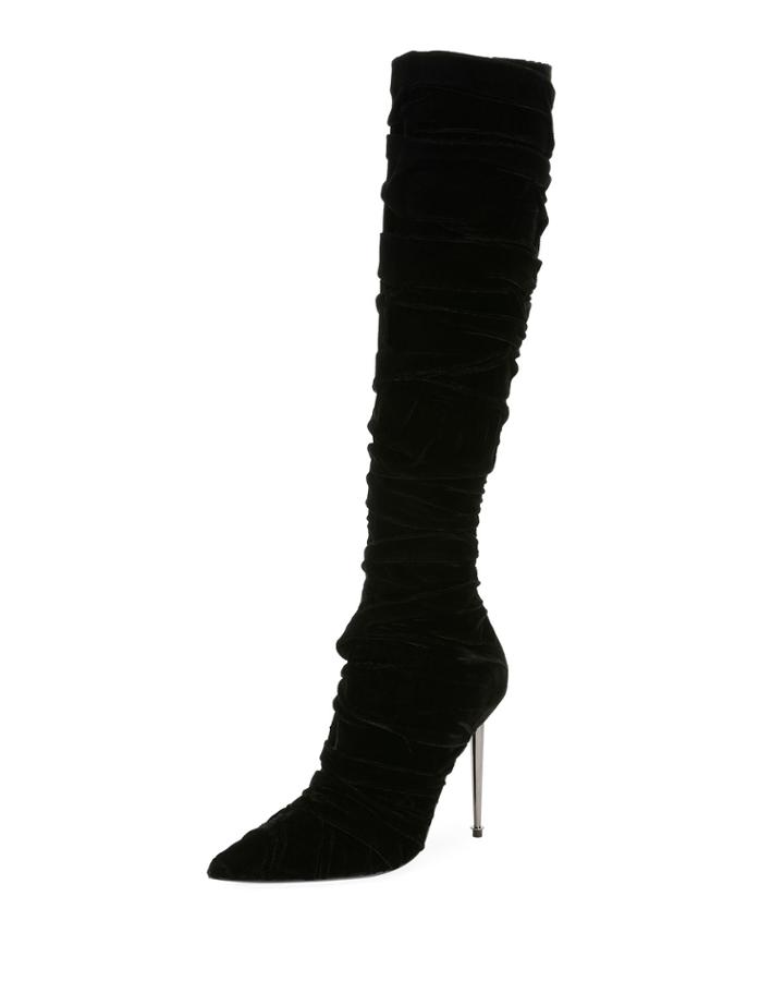 Pleated Velvet Knee Boot, Black