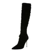 Pleated Velvet Knee Boot, Black