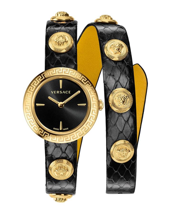 28mm Medusa Leather Double-wrap Watch, Black